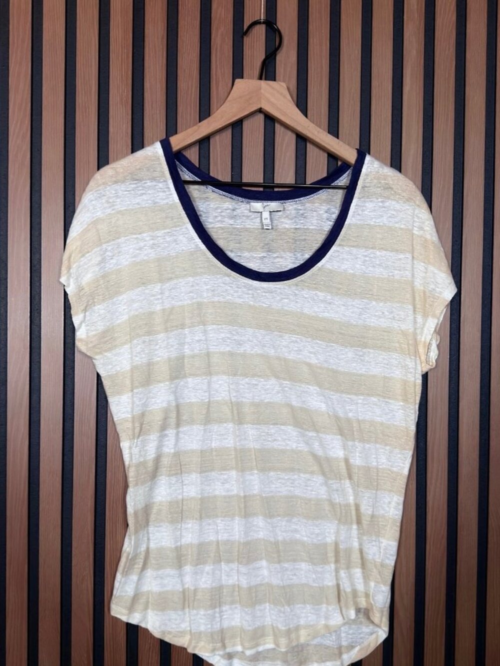 Joie Top XS White Brown Ivory 100% Linen Scoop Neck Striped Tee Cap Sleeve